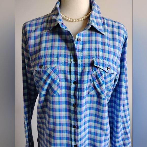 Talbots 100% Cotton Plaid Button Up Shirt Blue Purple Colorful Classic Sz Large - Picture 2 of 15